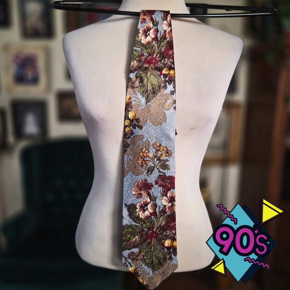 Structure Silk Tie Vintage 90s Mens Floral Botanical Blue Red Necktie USA Made